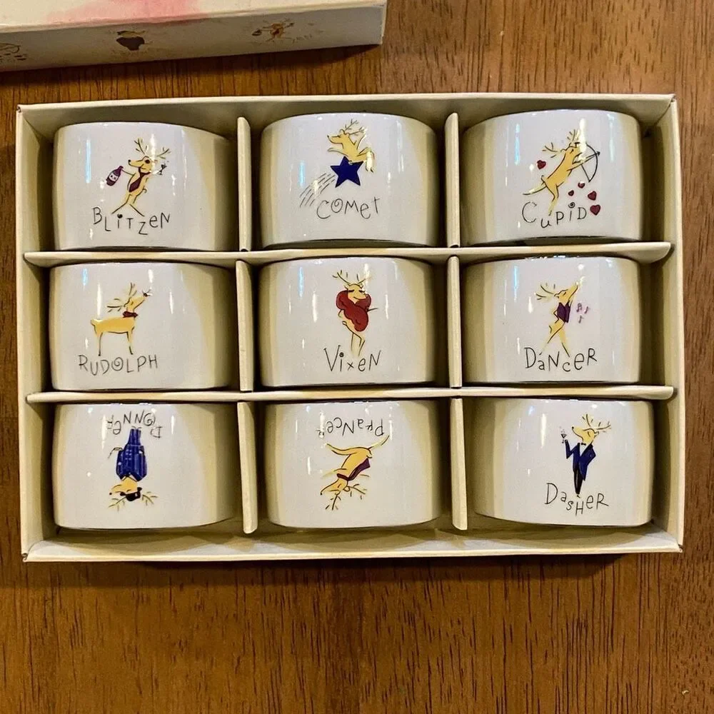 Vintage Pottery Barn Complete Set of 9 Reindeer Napkin Rings Christmas